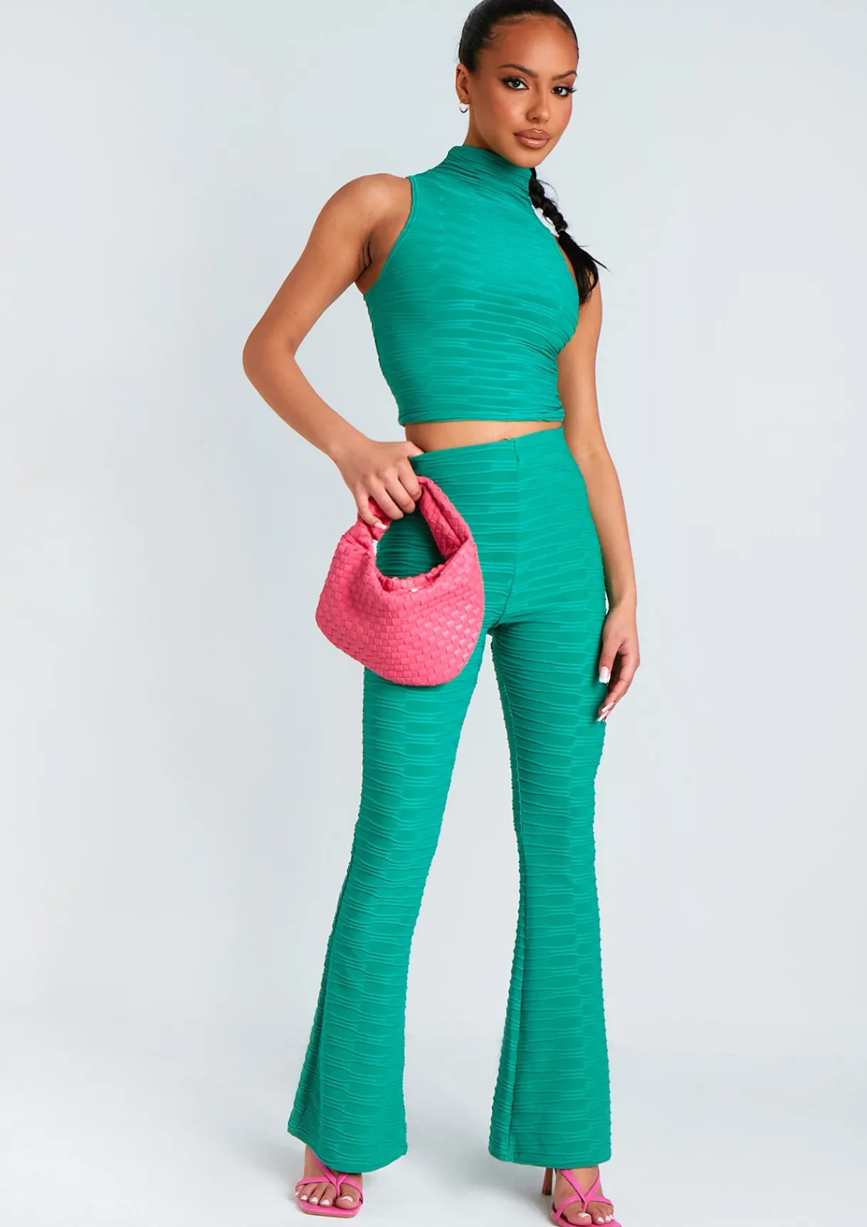 Co-Ords*Missy Empire Maddy Green High Neck Ripple Crop Top And Flared Trouser Co Ord