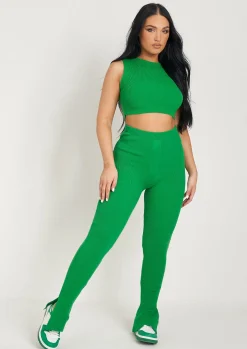 Airport Vibin'|Loungewear*Missy Empire Madilyn Knitted Rib High Waisted Split Leggings Green