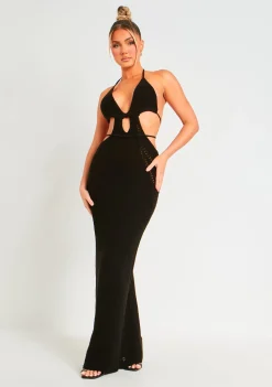 Little Black Dresses|Knitted Dresses*Missy Empire Madison Crochet Knit Halterneck Backless Maxi Dress Black