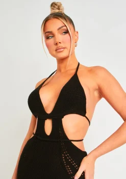 Little Black Dresses|Knitted Dresses*Missy Empire Madison Crochet Knit Halterneck Backless Maxi Dress Black