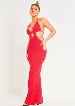 Knitted Dresses|Maxi Dresses*Missy Empire Madison Crochet Knit Halterneck Backless Maxi Dress Red