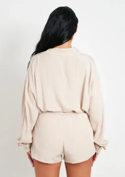 Airport Vibin'|Shorts*Missy Empire Maleah Linen Sheered Waist Shorts Beige