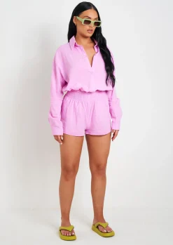 Airport Vibin'|Shorts*Missy Empire Maleah Linen Sheered Waist Shorts Lilac