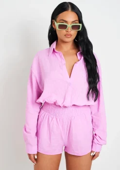 Airport Vibin'|Shorts*Missy Empire Maleah Linen Sheered Waist Shorts Lilac