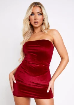 The Party Edit|Party Dresses*Missy Empire Malikah Dark Red Velour Bandeau Mini Dress