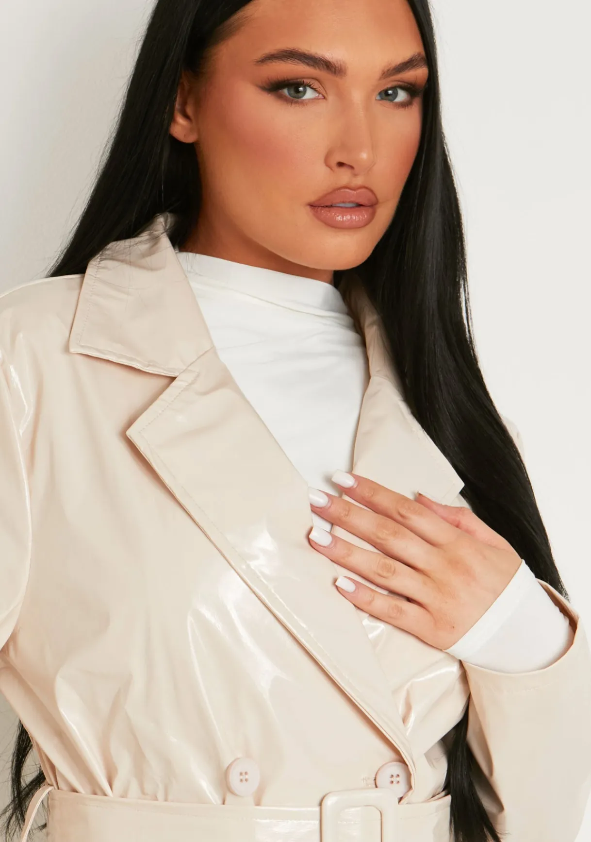 Coats & Jackets*Missy Empire Malin Vinyl Faux Leather Belted Button Through Trench Coat Stone