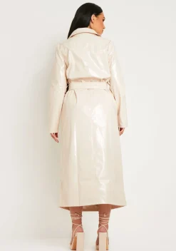 Coats & Jackets*Missy Empire Malin Vinyl Faux Leather Belted Button Through Trench Coat Stone