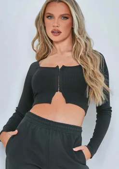 Airport Vibin'|Tops*Missy Empire Manny Contour Rib Cropped Hook And Eye Long Sleeve Top Black