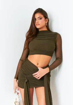 The Party Edit|Tops*Missy Empire Mariah Dark Mesh Long Sleeve Crop Top Khaki