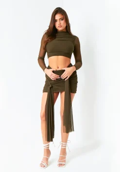 The Party Edit|Tops*Missy Empire Mariah Dark Mesh Long Sleeve Crop Top Khaki