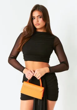 The Party Edit|Tops*Missy Empire Mariah Khaki Mesh Long Sleeve Crop Top Black
