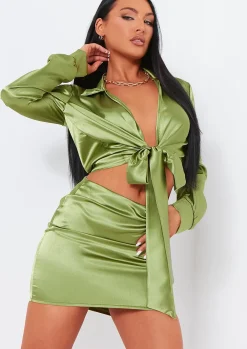 Tops|Co-Ords*Missy Empire Marianna Satin Tie Up Cropped Shirt Co-Ord Green