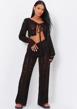 Trousers|Knitwear*Missy Empire Marla Laddered Knitted Trousers Black
