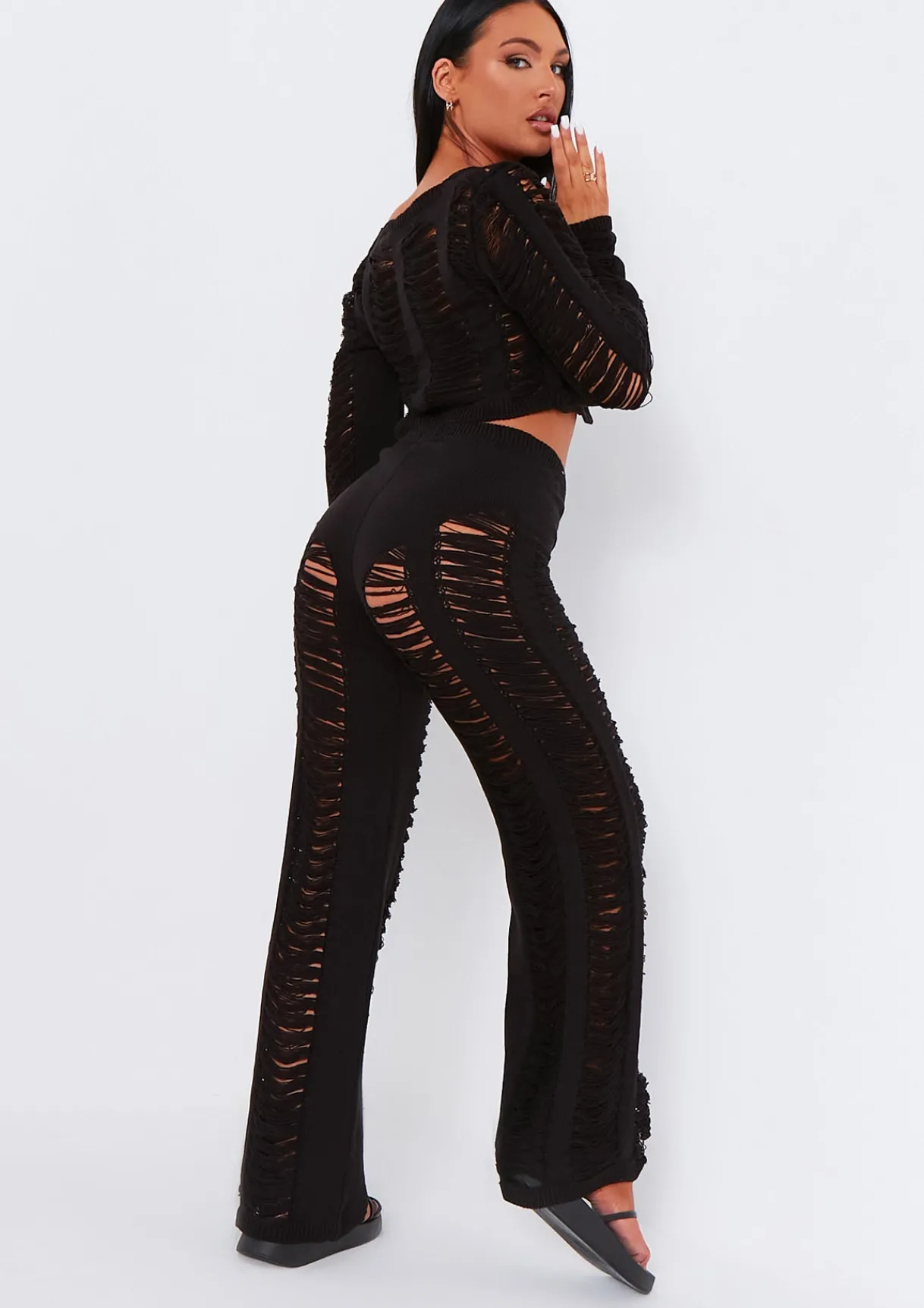 Trousers|Knitwear*Missy Empire Marla Laddered Knitted Trousers Black