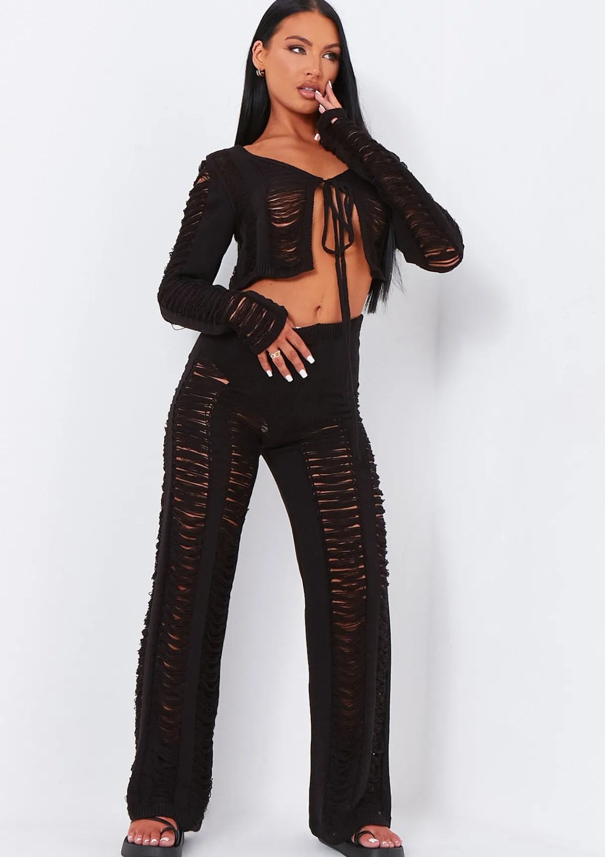 Trousers|Knitwear*Missy Empire Marla Laddered Knitted Trousers Black