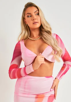 Tops|Co-Ords*Missy Empire Marla Pink Printed Mesh Long Sleeve Crop Top