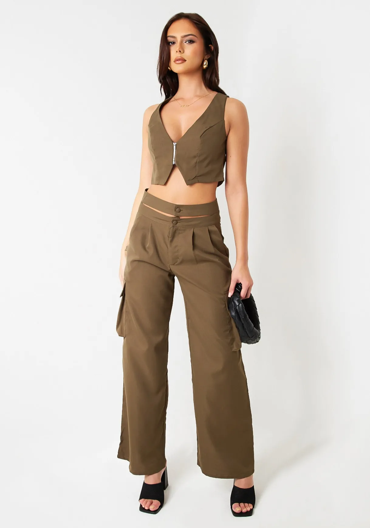 Tops|Co-Ords*Missy Empire Marlo Khaki Zip Front Waistcoat