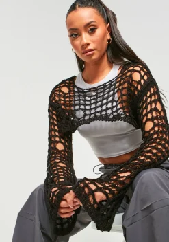 Rave Outfits|Concert Outfits*Missy Empire Marlowe Black Distressed Knit Long Sleeve Extreme Crop Top