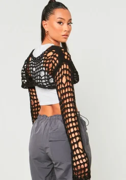 Rave Outfits|Concert Outfits*Missy Empire Marlowe Black Distressed Knit Long Sleeve Extreme Crop Top