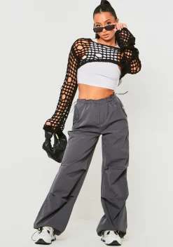 Rave Outfits|Concert Outfits*Missy Empire Marlowe Black Distressed Knit Long Sleeve Extreme Crop Top