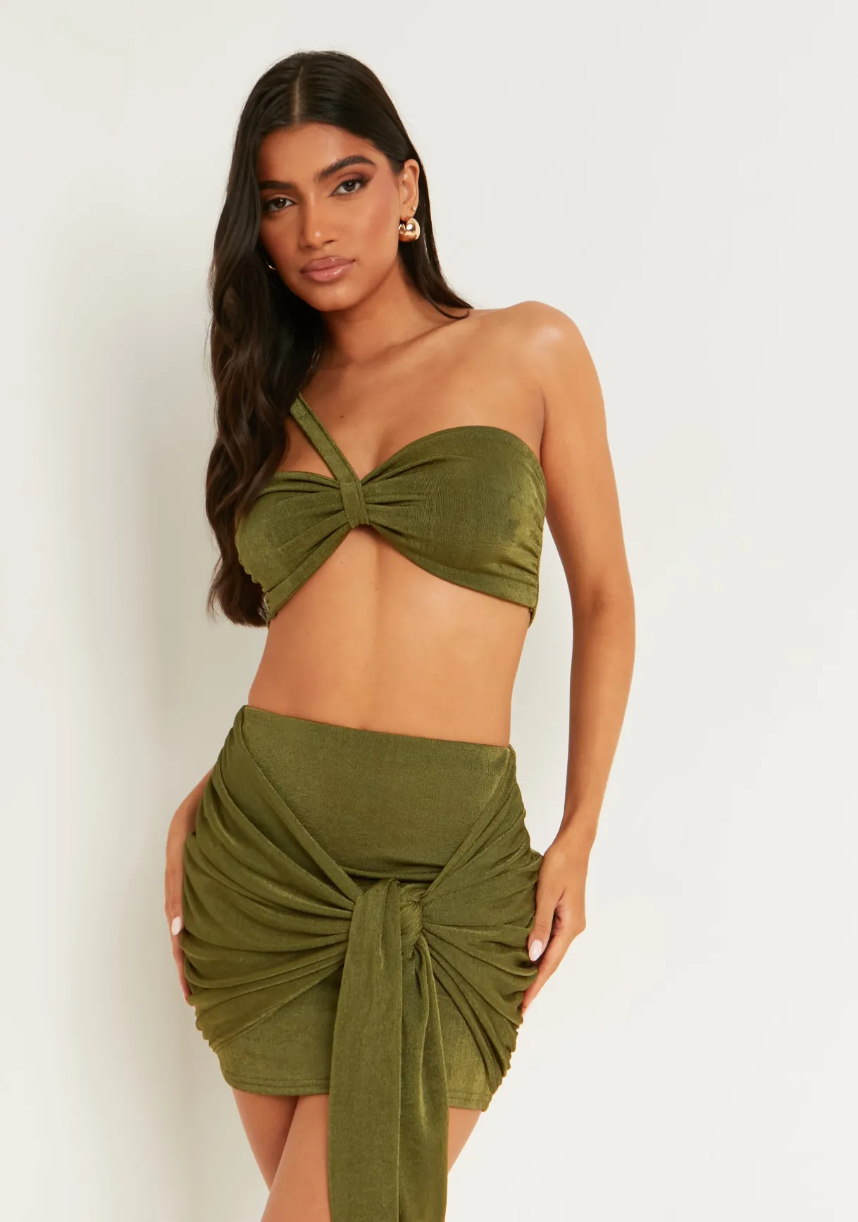 Tops|Co-Ords*Missy Empire Marlowe Olive One Shoulder Bandeau Bralet