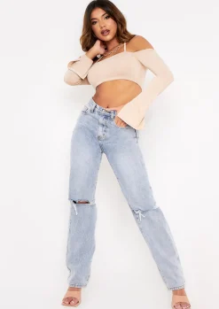 Tops*Missy Empire Maura Bardot Halterneck Strap Split Sleeve Crop Top Beige