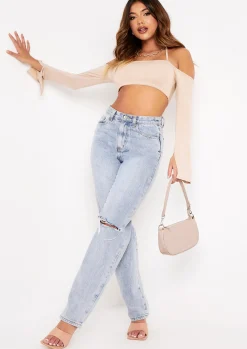 Tops*Missy Empire Maura Bardot Halterneck Strap Split Sleeve Crop Top Beige