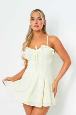 Mini Dresses|Going Out Dresses*Missy Empire Maura Butter Yellow Strappy Detail Pleated Mini Dress