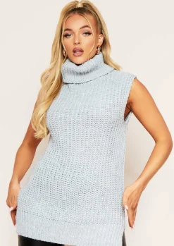 Knitted Dresses|Knitwear*Missy Empire Maycee Light Grey Roll Neck Sleeveless Knitted Jumper Dress