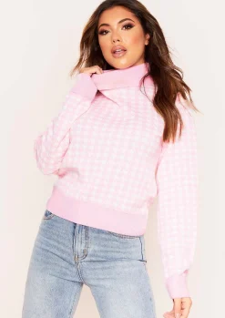 Knitwear*Missy Empire Megan Cream and Pink Dogtooth Roll Neck Jumper Baby Pink