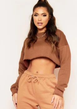 Airport Vibin'|Loungewear*Missy Empire Melanie Chocolate Raw Hem Crew Neck Cropped Sweater