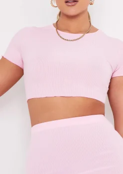 Airport Vibin'|Tops*Missy Empire Melody Lettuce Edge Cropped T-shirt Baby Pink