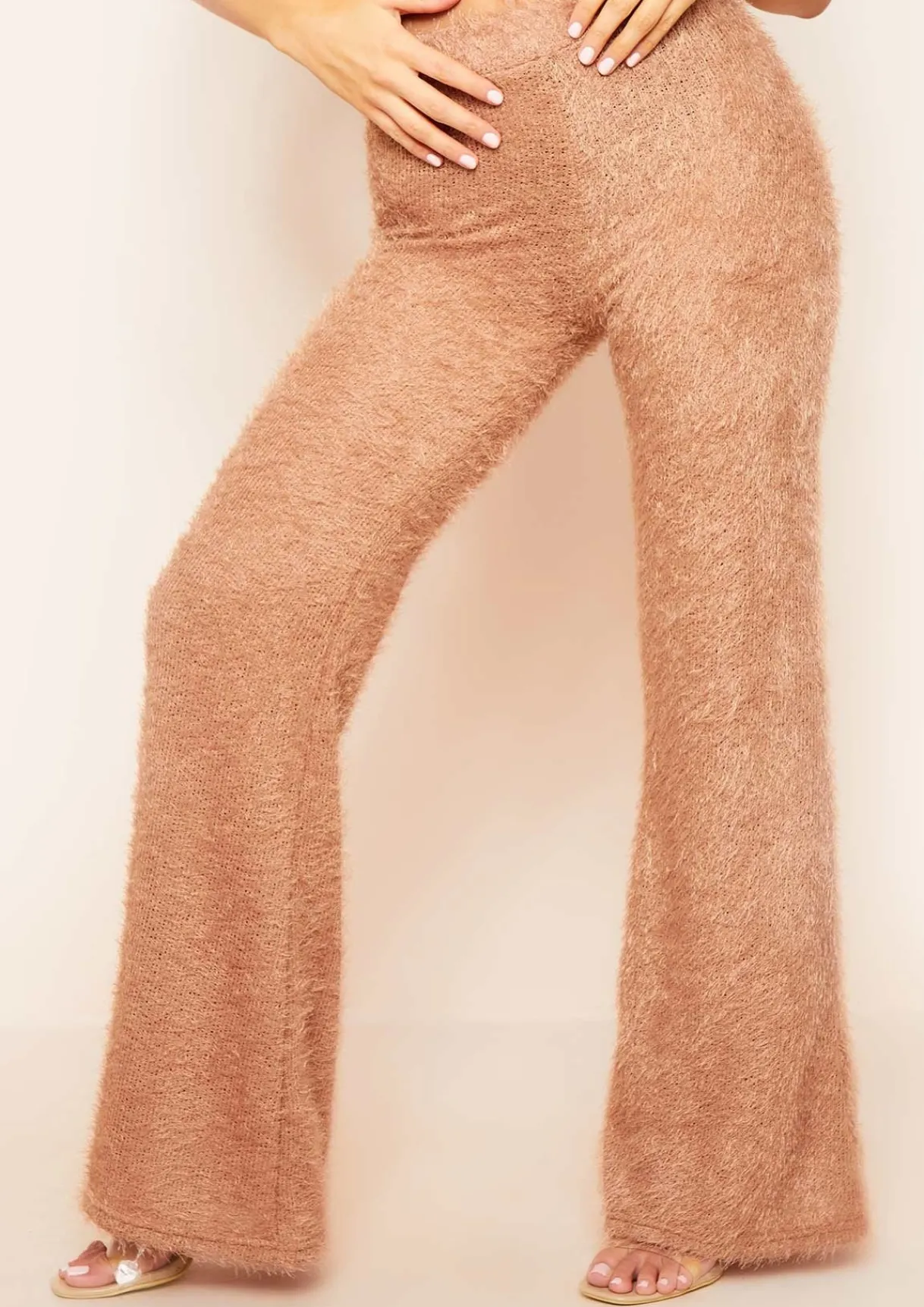 Trousers|Loungewear*Missy Empire Meya Tan Fluffy Knit Wide Leg Trousers