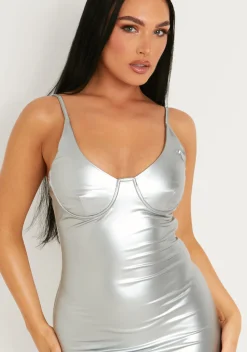 The Party Edit|Maxi Dresses*Missy Empire Mikayla Silver Leather Look Strappy Metallic Maxi Dress With Side Split