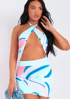 Rave Outfits|Mini Dresses*Missy Empire Mila Blue Halterneck Cross Over Side Ruched Mini Dress