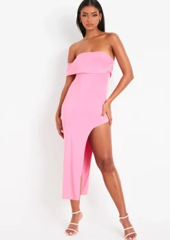 The Party Edit|Midi Dresses*Missy Empire Milana Pink Bardot One Shoulder Midi Dress With Slit