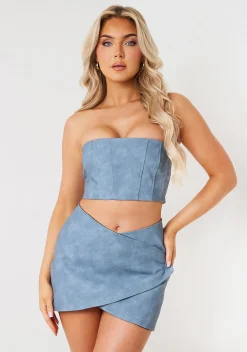 Concert Outfits|Skirts*Missy Empire Mileena Dusky Blue Washed Faux Leather Wrap Mini Skirt