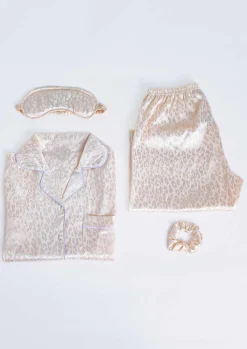 Nightwear*Missy Empire Mimi Cream Leopard Jacquard Print 4 Piece Printed Pyjama Set