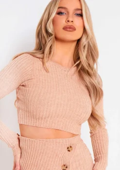 Tops|Knitwear*Missy Empire Mira Beige Rib Knit Long Sleeve Crop Top