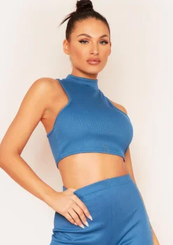 Airport Vibin'|Tops*Missy Empire Molli Blue Thick Bandage Rib Extreme Racer Crop Top Teal