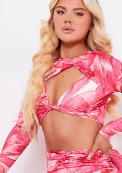 Rave Outfits|Tops*Missy Empire Naila Pink Marble Print Cut Out Long Sleeve Top Co-Ord