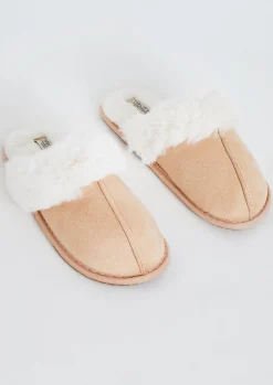 Nightwear*Missy Empire Nala Beige Fur Trim Slippers