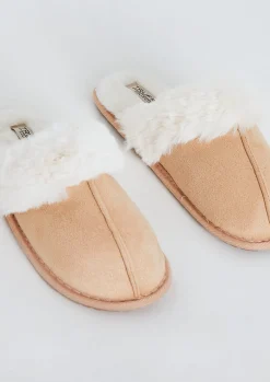 Nightwear*Missy Empire Nala Beige Fur Trim Slippers