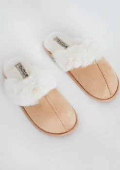 Nightwear*Missy Empire Nala Beige Fur Trim Slippers