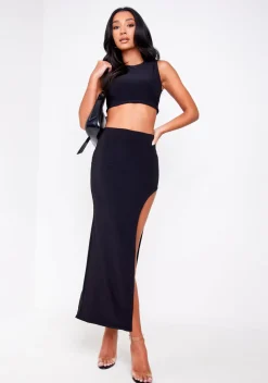 Tops|Co-Ords*Missy Empire Nara Charcoal Super Soft Racer Back Crop Top Black