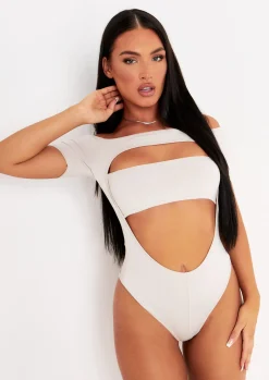 Tops|Bodysuits*Missy Empire Natalia Bandeau Cut Out Off Bodysuit Beige