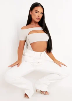 Tops|Bodysuits*Missy Empire Natalia Bandeau Cut Out Off Bodysuit Beige