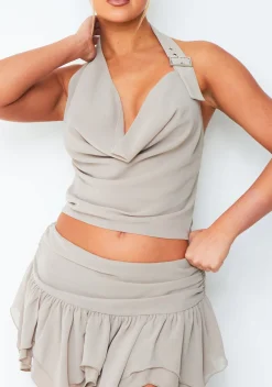 Tops|Co-Ords*Missy Empire Natalie Mocha Buckle Tie Halter Neck Cowl Top