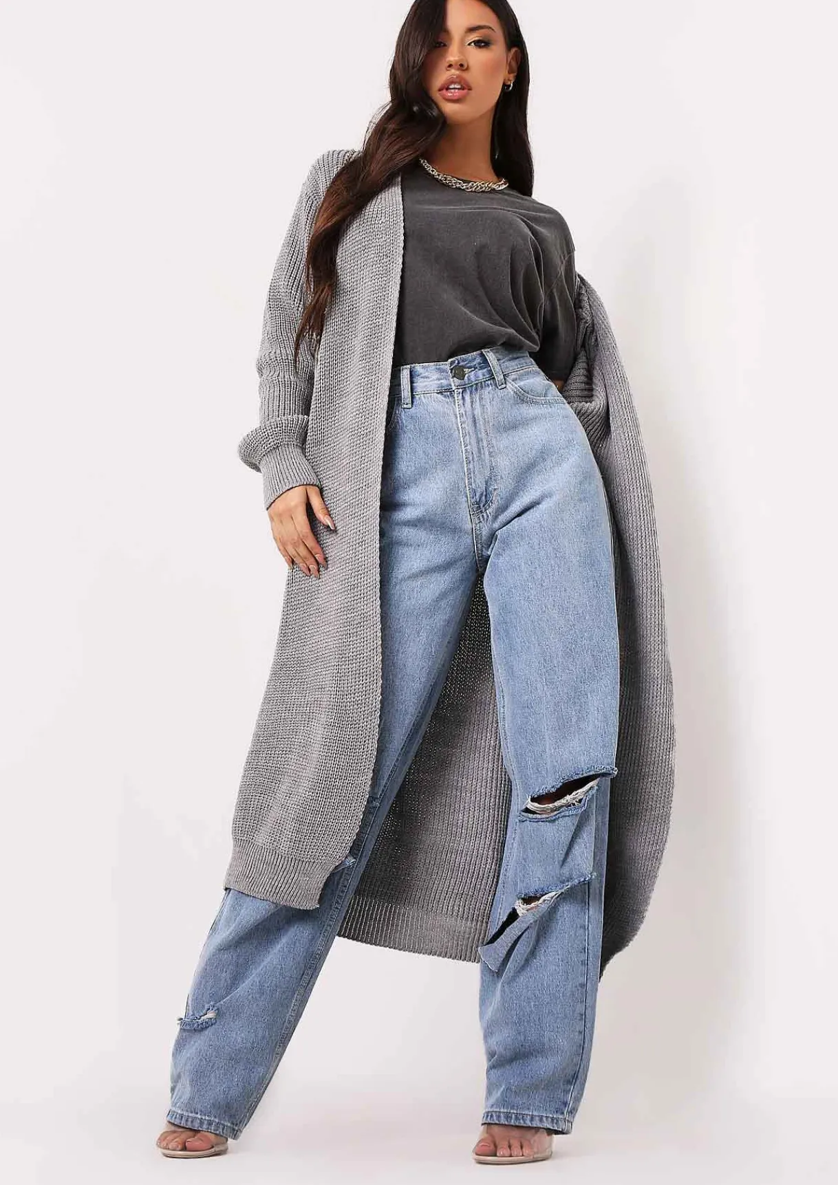 Airport Vibin'|Knitwear*Missy Empire Nathalie Balloon Sleeve Knitted Cardigan Charcoal
