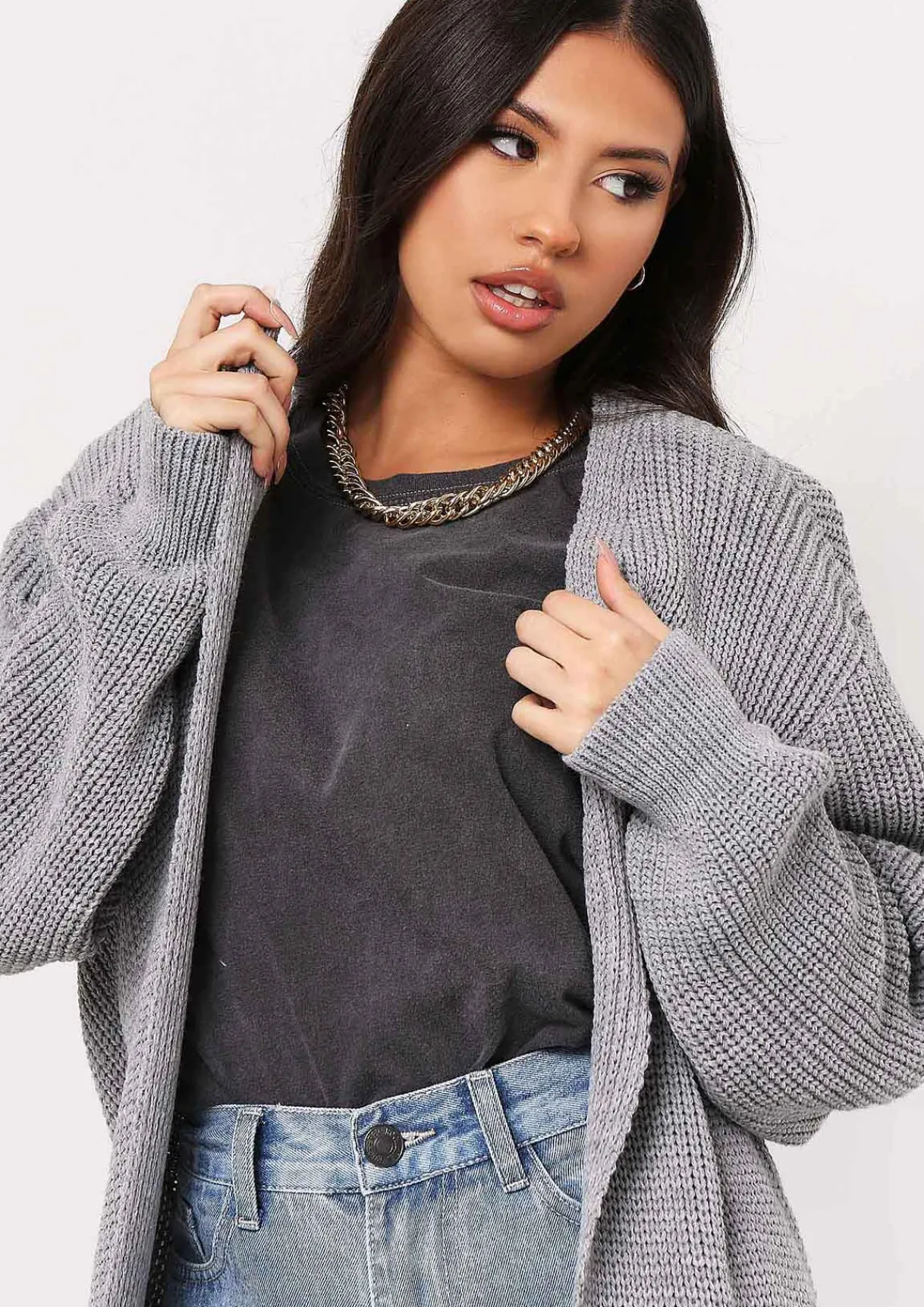 Airport Vibin'|Knitwear*Missy Empire Nathalie Balloon Sleeve Knitted Cardigan Charcoal
